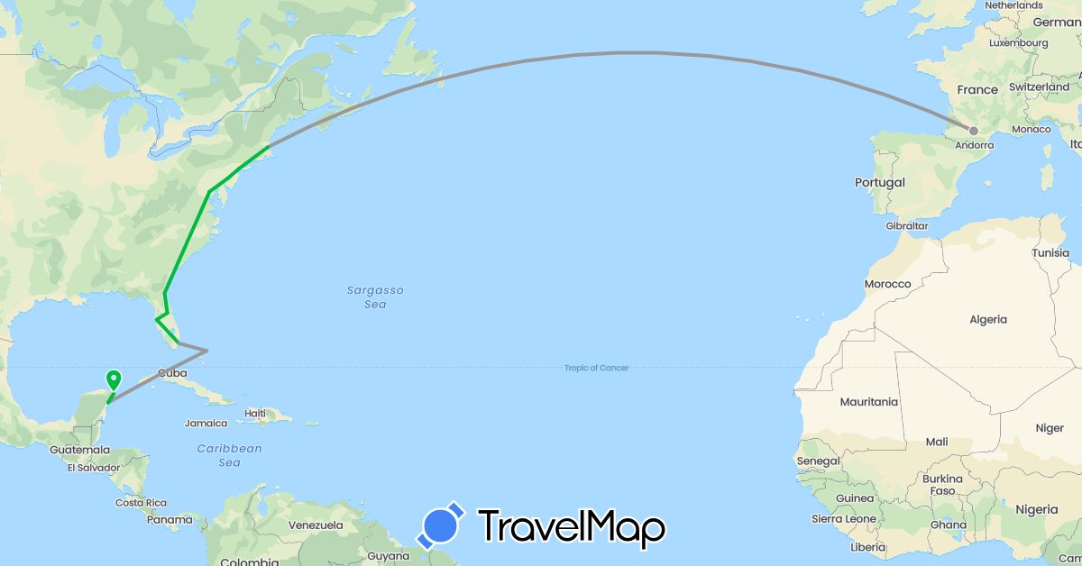 TravelMap itinerary: driving, bus, plane in Bahamas, France, Mexico, United States (Europe, North America)